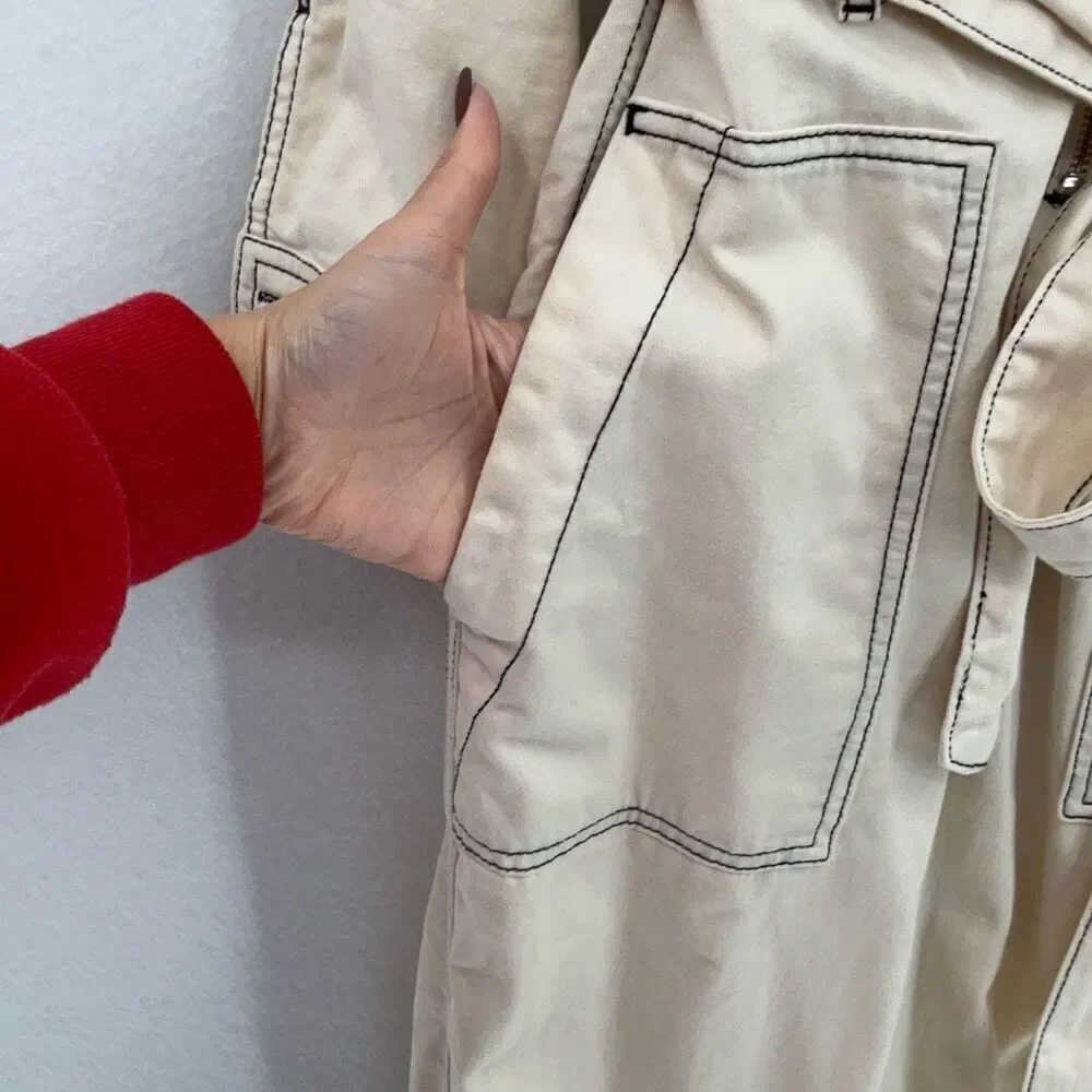 Zara Beige Cotton Linen Blend Boiler Suit Pockets Denim Utility Jumpsuit Small